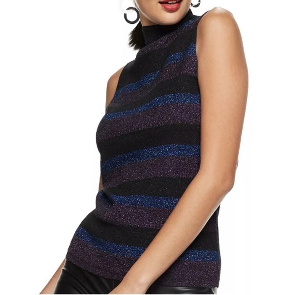Nine West Women's Sleeveless Mockneck Fitted Purple Blue Black Sweater Medium